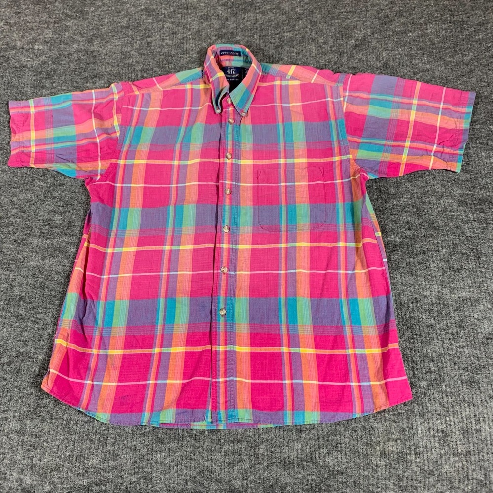 VTG Van‎ Heusen 417 Shirt Mens Medium M Pink Plaid Short Sleeve Button Down 90s